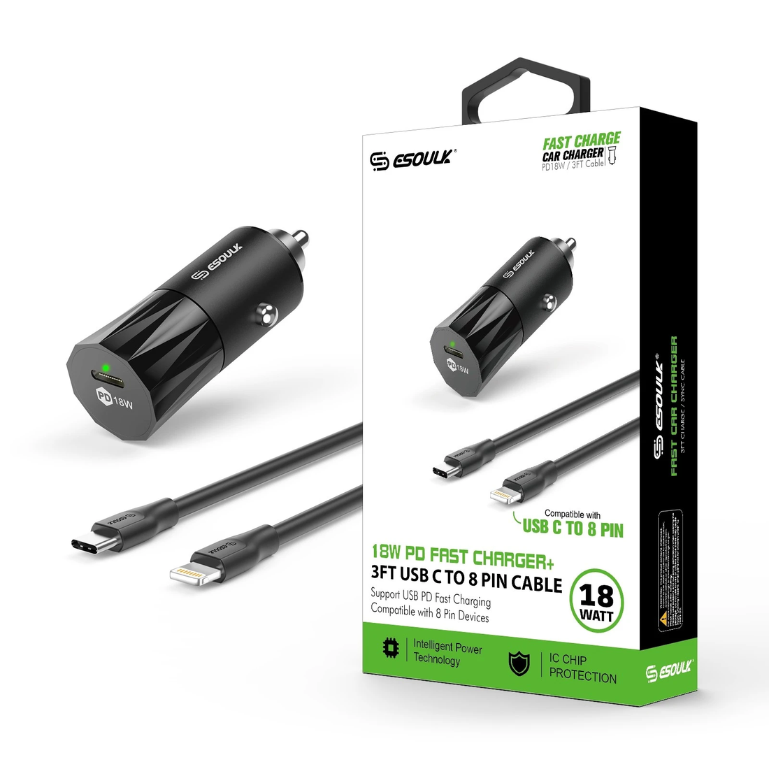 Esoulk Black 18W PD Fast Charger & 3FT C To 8 Pin Cable