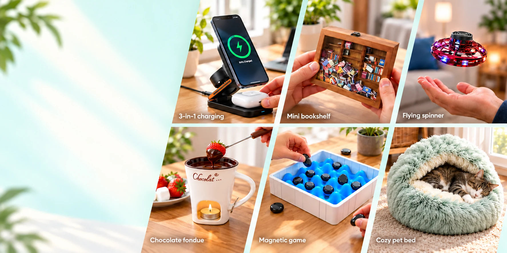 Gift ideas shown in use: wireless charging, chocolate fondue, a mini bookshelf, a magnetic game, a flying spinner and a cozy pet bed.